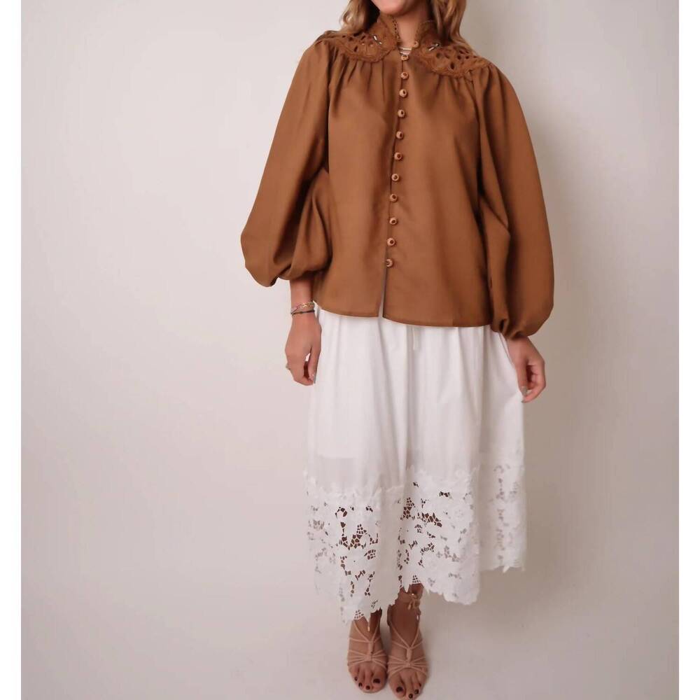 NEW BEULAHSTYLE eyelet lace long sleeve blouse in camel